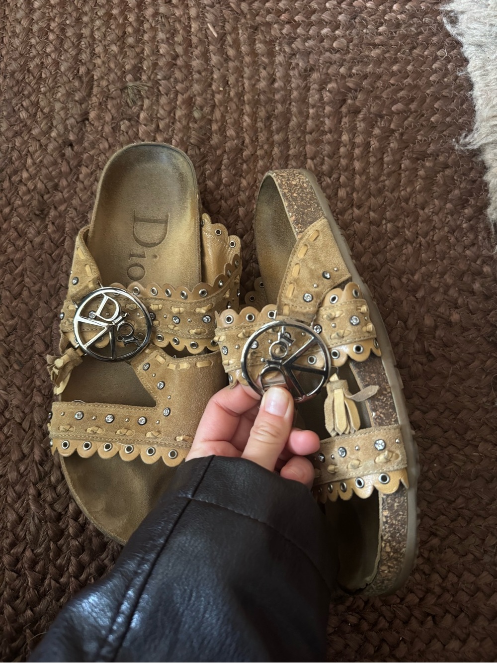 Dior Tan Suede Studded Slide Sandals with Logo Medallions